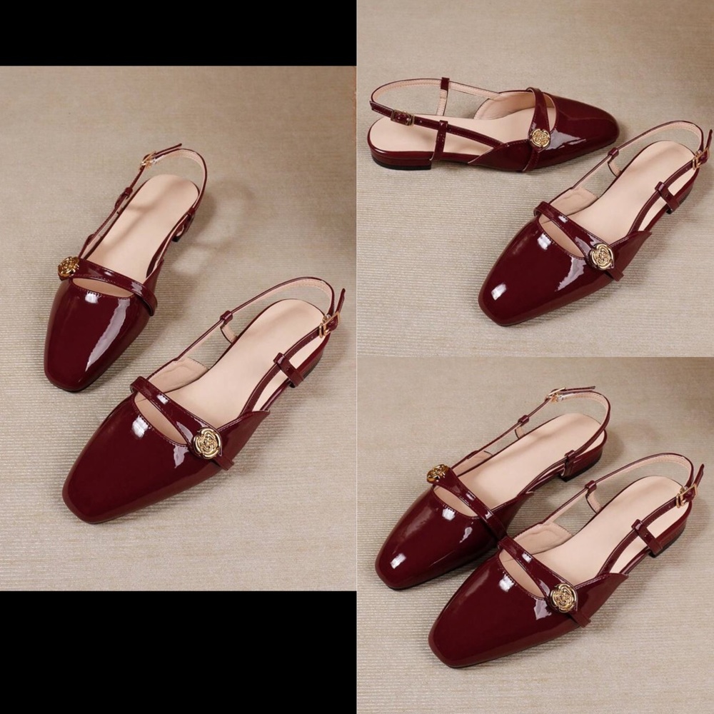 Burgundy, maroon, dark red Round toe Mary Jane style slingback faux patent flats - Picture 1 of 5